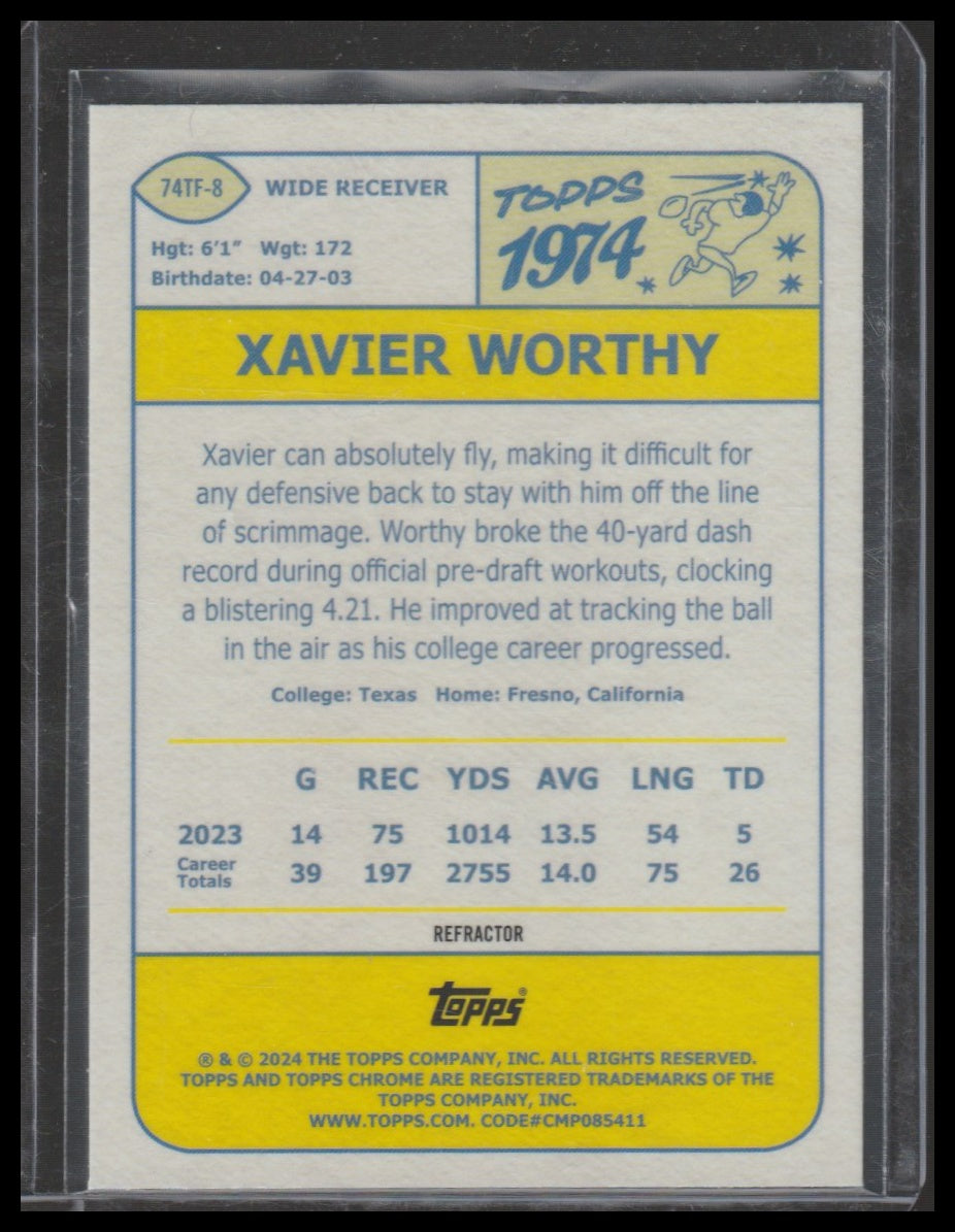2024 Topps Chrome #74TF-8 Xavier Worthy 1974 Topps Football Refractor