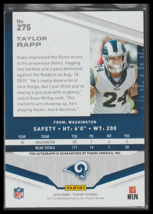 2019 Panini Playoff #275 Taylor Rapp Rookies Autographs Red Zone